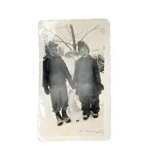 Vtg Siblings with Snowman Monochrome Photography Found Snapshot Portrait